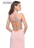 Picture of: Jersey Prom Gown with Metallic Beading and Leg Slit in Blush, Style: 25767, Back Picture