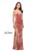 Picture of: Crushed Velvet Form Fitting Gown with Leg Slit and Open Back in Blush, Style: 25659, Detail Picture 2