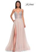 Picture of: Prom Gown with Rhinestone Tulle and Illusion Corset Bodice in Blush , Style 32725, Detail Picture 4