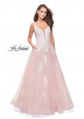 Picture of: Long Tulle Ball Gown with Lace Applique and Side Cut Outs in Blush White, Style: 25624, Detail Picture 3