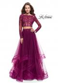 Picture of: Long Two Piece Prom Dress with Tulle Skirt and Lace Top in Boysenberry, Style: 25300, Main Picture