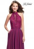 Picture of: Long A Line Chiffon Dress with Lace Up Neckline in Boysenberry, Style: 25347, Detail Picture 1