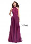 Picture of: Long A Line Chiffon Dress with Lace Up Neckline in Boysenberry, Style: 25347, Detail Picture 4