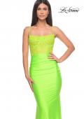 Picture of: Neon Ruched Jersey Dress with Illusion Corset Lace Top in Bright Green, Style: 32322, Detail Picture 9