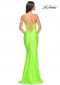 Picture of: Neon Ruched Jersey Dress with Illusion Corset Lace Top in Bright Green, Style: 32322, Detail Picture 11