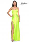 Picture of: Neon Stretch Satin Gown with Bustier Top and Lace Up Back in Bright Green, Style: 32262, Detail Picture 5