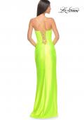 Picture of: Neon Stretch Satin Gown with Bustier Top and Lace Up Back in Bright Green, Style: 32262, Detail Picture 6