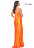 Picture of: Neon Stretch Satin Gown with Bustier Top and Lace Up Back in Bright Orange, Style: 32262, Detail Picture 8