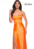 Picture of: Neon Stretch Satin Gown with Bustier Top and Lace Up Back in Bright Orange, Style: 32262, Detail Picture 9