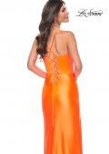 Picture of: Neon Stretch Satin Gown with Bustier Top and Lace Up Back in Bright Orange, Style: 32262, Detail Picture 10