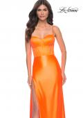 Picture of: Neon Stretch Satin Gown with Bustier Top and Lace Up Back in Bright Orange, Style: 32262, Detail Picture 11