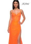 Picture of: Stretch Satin Prom Dress with Eyelet Detail Neckline in Bright Orange, Style 32671, Detail Picture 14