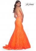 Picture of: Neon Long Mermaid Lace Dress with Back Rhinestone Detail in Bright Orange, Style: 32314, Back Picture