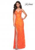 Picture of: Scallop Detail Lace Fitted Prom Dress with Illusion Bodice in Orange, Style: 32441, Detail Picture 1