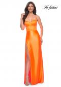 Picture of: Neon Stretch Satin Gown with Bustier Top and Lace Up Back in Bright Orange, Style: 32262, Detail Picture 2