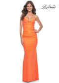 Picture of: Neon Rhinestone Embellished Ruched Prom Dress with Draped Neckline in Bright Orange, Style: 31968, Detail Picture 3