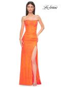 Picture of: Simple Long Stretch Lace Prom Dress with Ruching in Bright Orange, Style 32773, Detail Picture 5
