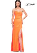 Picture of: Strapless Prom Dress with Ruching and Lace Detail Neckline and Back in Bright Orange, Style 32981, Detail Picture 5