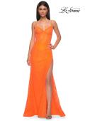 Picture of: Stretch Satin Prom Dress with Eyelet Detail Neckline in Bright Orange, Style 32671, Detail Picture 6