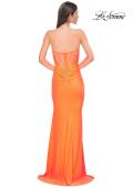 Picture of: Strapless Prom Dress with Ruching and Lace Detail Neckline and Back in Bright Orange, Style 32981, Detail Picture 6