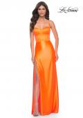 Picture of: Neon Stretch Satin Gown with Bustier Top and Lace Up Back in Bright Orange, Style: 32262, Detail Picture 7