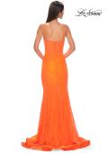 Picture of: Stretch Satin Prom Dress with Eyelet Detail Neckline in Bright Orange, Style 32671, Detail Picture 7