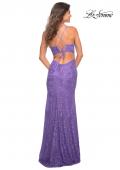 Picture of: Bright Stretch Lace Prom Dress with Deep V Neckline in Bright Purple, Back Picture