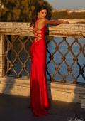Picture of: Fitted Long Jersey Prom Dress with Ruching and Lace Up Back in Red, Style: 31618, Back Picture
