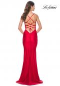 Picture of: Fitted Long Jersey Prom Dress with Ruching and Lace Up Back in Red, Style: 31618, Detail Picture 5