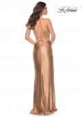 Picture of: Stretch Satin Gown with Bustier Top and Lace Up Back in Bronze, Style: 32264, Detail Picture 9