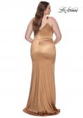 Picture of: Stretch Satin Plus Size Dress with Unique Neckline and Slit in Bronze, Style: 31266, Detail Picture 11