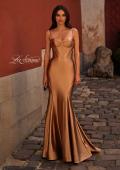 Picture of: Chic Stretch Satin Gown with Corset Top and Flare Skirt in Bronze , Style 32555, Main Picture