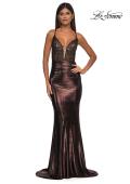 Picture of: Ruched Prom Dress with Metallic Lace and Fabric in Bronze , Style: 33059, Detail Picture 9