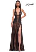 Picture of: Beautiful Long Metallic Net Jersey Gown with Flattering Ruching in Bronze , Style 32887, Detail Picture 11