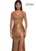 Picture of: Ruched Satin Evening Dress with Sheer Lace Top and Scallop Neckline in Bronze , Style: 32689, Detail Picture 13