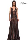 Picture of: Beautiful Long Metallic Net Jersey Gown with Flattering Ruching in Bronze , Style 32887, Detail Picture 13