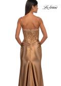 Picture of: Ruched Satin Evening Dress with Sheer Lace Top and Scallop Neckline in Bronze , Style: 32689, Detail Picture 14