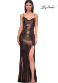 Picture of: Simple Metallic Jersey Dress with Draped Neckline and Low Back in Bronze , Style 32782, Detail Picture 15