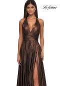 Picture of: A-line Metallic Net Jersey Halter Gown with High Slit in Bronze , Style: 32917, Detail Picture 15