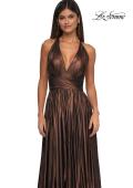 Picture of: A-line Metallic Net Jersey Halter Gown with High Slit in Bronze , Style: 32917, Detail Picture 17