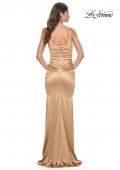 Picture of: Chic Stretch Satin Gown with V Neckline and Ruching in Bronze, Style: 32075, Back Picture