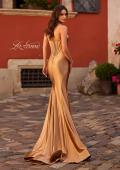 Picture of: Chic Stretch Satin Gown with Corset Top and Flare Skirt in Bronze , Style 32555, Back Picture