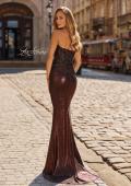 Picture of: Metallic Lace Evening Gown with Embroidered Bodice in Bronze, Style: 33466, Back Picture