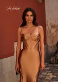 Picture of: Chic Stretch Satin Gown with Corset Top and Flare Skirt in Bronze , Style 32555, Detail Picture 1