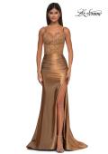 Picture of: Ruched Satin Evening Dress with Sheer Lace Top and Scallop Neckline in Bronze , Style: 32689, Detail Picture 3