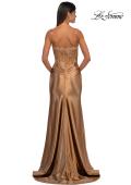 Picture of: Ruched Satin Evening Dress with Sheer Lace Top and Scallop Neckline in Bronze , Style: 32689, Detail Picture 4