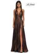 Picture of: A-line Metallic Net Jersey Halter Gown with High Slit in Bronze , Style: 32917, Detail Picture 5