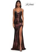 Picture of: Long Metallic Prom Dress with Ruching and Rhinestone Draped Neckline in Bronze , Style: 33032, Detail Picture 5