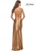 Picture of: Fitted Liquid Jersey Dress with High Slit and Open Back in Bronze, Style: 31208, Detail Picture 7
