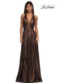 Picture of: A-line Metallic Net Jersey Halter Gown with High Slit in Bronze , Style: 32917, Detail Picture 7